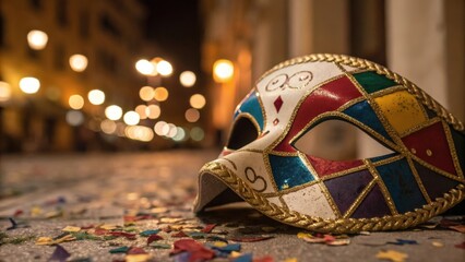 Elegant harlequin mask lies on a cobblestone street after a festive carnival night celebration with blurred city lights