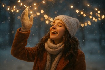 Young Woman Reaching for Twinkling Lights in Cozy Winter Wonderland