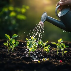 Hand holding watering can, sprinkling water over newly planted seedlings with droplets glistening in soft morning light, natural and nurturing garden moment with copy space