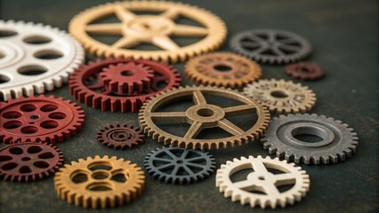 Assorted collection of interlocking gear wheels featuring various colors and textures on a dark textured surface