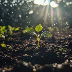 Healthy sprout emerging from soil with fresh green leaves shining in sunlight, surrounded by tiny water droplets, vibrant and natural growth with copy space