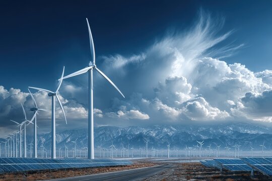 Solar panels and wind turbines at sustainable energy farm under bright blue sky with clouds, providing green power for future use on sunny day