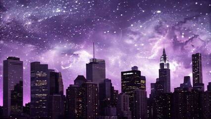Dreamy cityscape silhouette with a cosmic purple sky full of stars and clouds at night