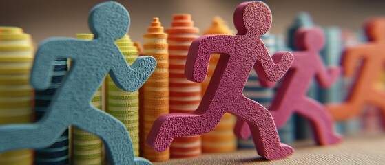 Colorful running figures in motion create a lively atmosphere, symbolizing energy and progress. The scene evokes a sense of competition and determination, reminiscent of modern urban life.