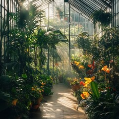 Lush variety of greenhouse plants in pots, including ferns, tropical flowers, and leafy vines, bathed in natural light through glass walls with copy space