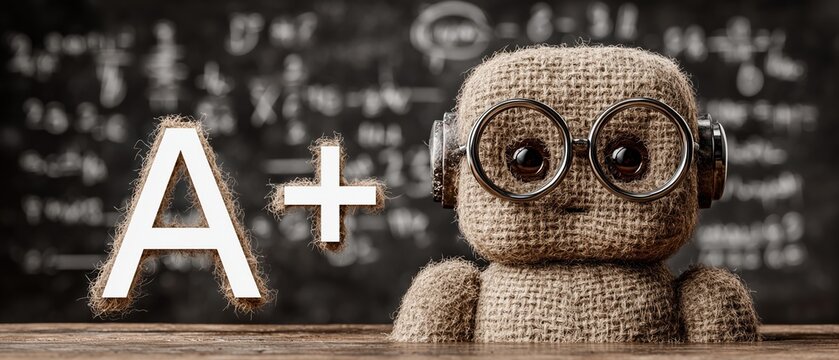 Whimsical classroom scene featuring a cartoonish AI robot with large glasses, exuding curiosity and playfulness, set against a backdrop of mathematical equations.