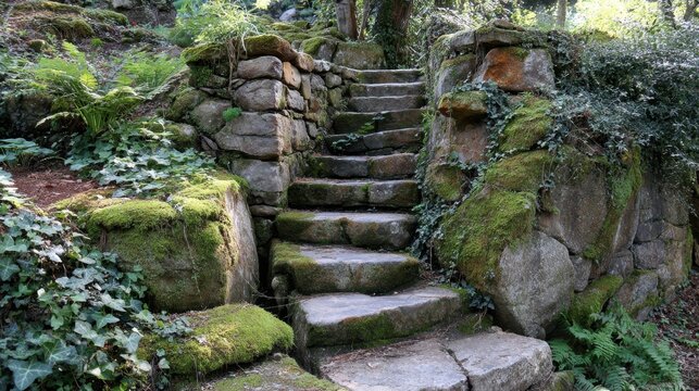 An old stone staircase in a wild garden, partly covered with moss and ivy growing through the cracks. Perfect for nature, decay, and timeless beauty themes in design or storytelling. - Powered by Adobe