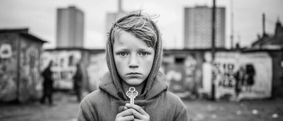 A solemn child stands amidst urban decay, holding an ornate key. The black-and-white tone evokes a sense of nostalgia and reflection on lost innocence.