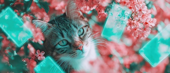A serene cat gazes amidst vibrant pink blossoms, with floating teal smartphones creating a whimsical contrast. The scene evokes a blend of nature and technology, capturing a modern, playful mood.