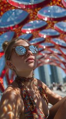 Woman with mirrored sunglasses standing in a sunlit urban oasis featuring a colorful red-tiled structure, casting playful shadows. A serene moment of relaxation amidst vibrant city life.