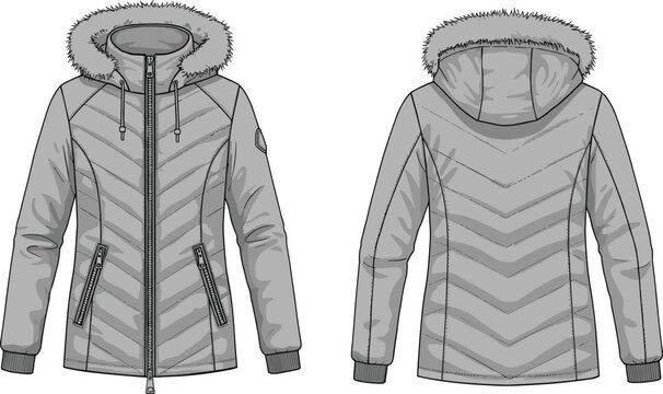 Winter padded jacket with hood, front and back technical flat sketch, warm outerwear fashion design, fur trim detail, cad drawing vector illustration