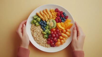 Close-up of dietitian's hands arranging healthy plate with colorful fruits, lean protein, and whole grains, top-down perspective with copy space