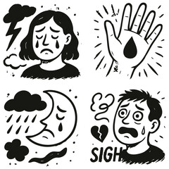 Hand drawn emotional abstract vector illustrations set – expressive black and white psychological art of human feelings: joy, sorrow, trust – retro ink texture design for posters, editorials, covers.