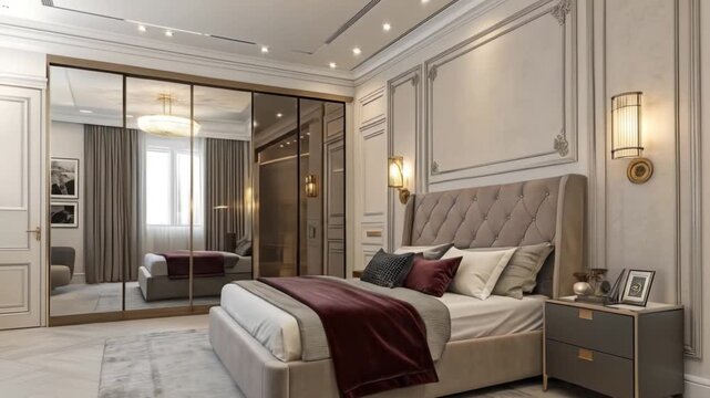 Relaxing in luxuriously appointed master suite with king bed, stylish mirrored closet doors gliding open to reveal elegant interior design