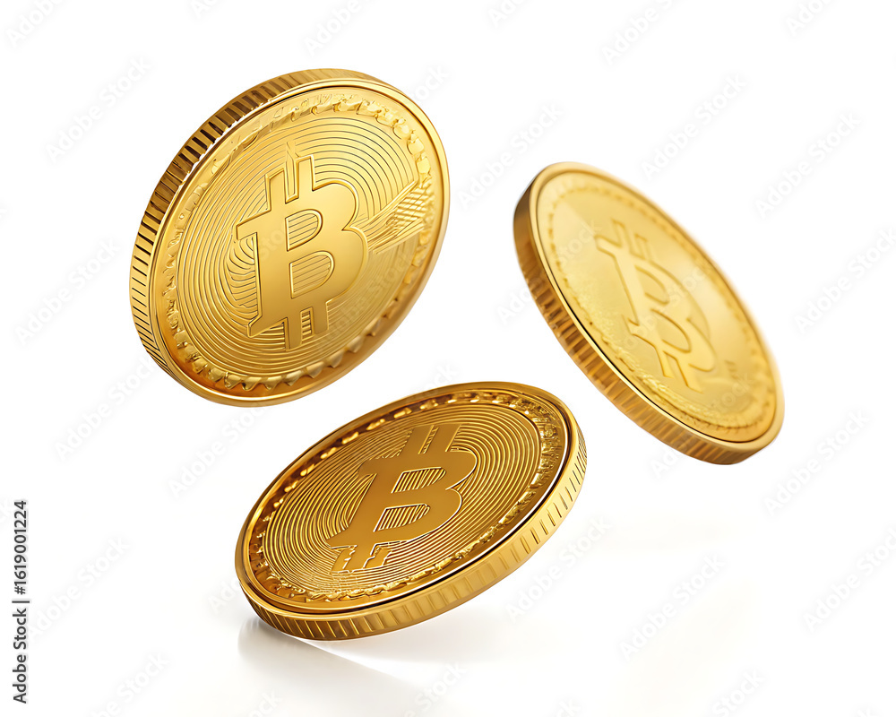 Poster three golden bitcoin coins floating in the air on a white background with soft shadows and reflectio