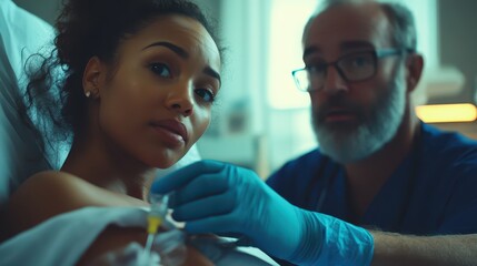 Close-up of nurse gently adjusting IV drip for patient in bed, calm and reassuring medical care moment with copy space