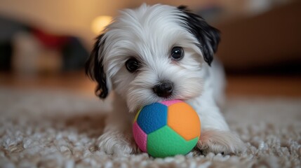 Close-up of small puppy biting colorful ball with excited eyes, playful indoor moment on soft cozy rug with copy space