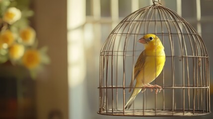 Close-up of small canary sitting on perch inside vintage-style birdcage, with soft shadows and blurred home interior in background, warm and nostalgic setting with copy space
