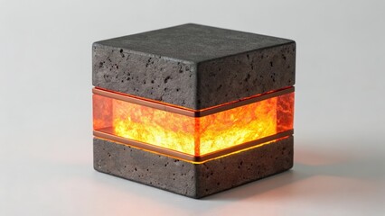 Obraz premium Abstract architectural cube featuring concrete texture,glowing light,and bronze band accents for modern design concepts
