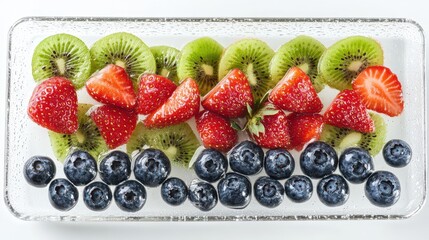 Close-up of fresh strawberries, blueberries, and kiwi slices on plate with water droplets, vibrant and refreshing fruit medley on clean white background with copy space