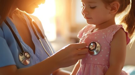 Close-up of nurse placing stethoscope on child’s chest with warm sunlight through hospital window, soft-focus and tender medical care moment with copy space