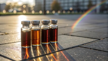 Four amber liquid vials on stone surface with rainbow and bokeh background during golden hour