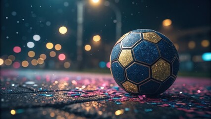 Glittering soccer ball on city street amidst celebration confetti at night with bokeh background