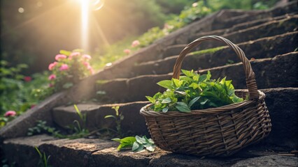 Wicker basket filled with fresh herbs on stone steps in a garden bathed in golden sunlight