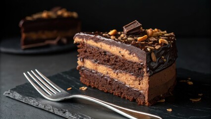Delectable chocolate peanut butter cake slice served on slate with silver fork ready for dessert indulgence