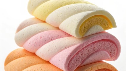Close up of stacked pastel colored marshmallows featuring yellow,white,pink and orange against a white background