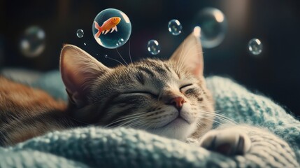 Sleeping cat with playful dream bubble showing fish and yarn, calm mood, cozy resting scene with copy space