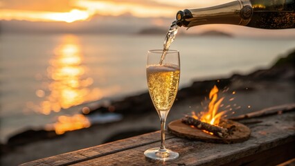Sparkling champagne poured next to campfire with sunset on ocean horizon for celebratory occasion
