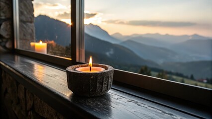 Lit candle on a window ledge with mountain scenery at sunset creating a peaceful and relaxing atmosphere
