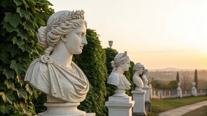 Elegant white marble busts adorning the garden path during sunset showcasing historical art and landscaped beauty