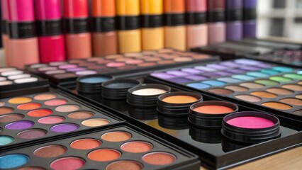 Variety of makeup products featuring eyeshadow palettes and foundations offering a multitude of color choices for artistic looks