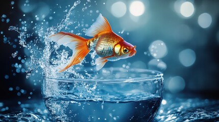 Creative stock concept of goldfish leaping out of bowl with ambitious mood, symbolizing freedom and change, dramatic water splashes