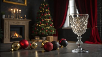 Elegant christmas ambiance featuring crystal glass,ornaments,fireplace,and illuminated tree creates a festive scene