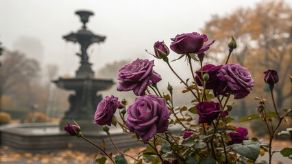 Purple roses bloom near a foggy fountain in an autumn park landscape with fallen leaves and yellow trees