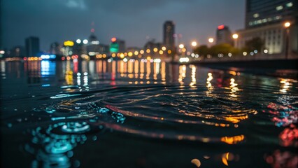 Cityscape lights reflected in calm water at night a moody urban scene with sparkling reflections