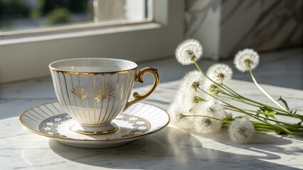 Elegant tea cup with gold accents and dandelions on marble window sill in sunlight