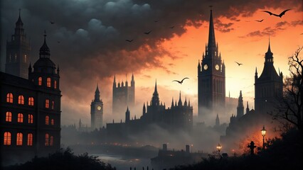 Mysterious london skyline at twilight featuring iconic architecture towers and silhouetted birds against a dramatic orange sky