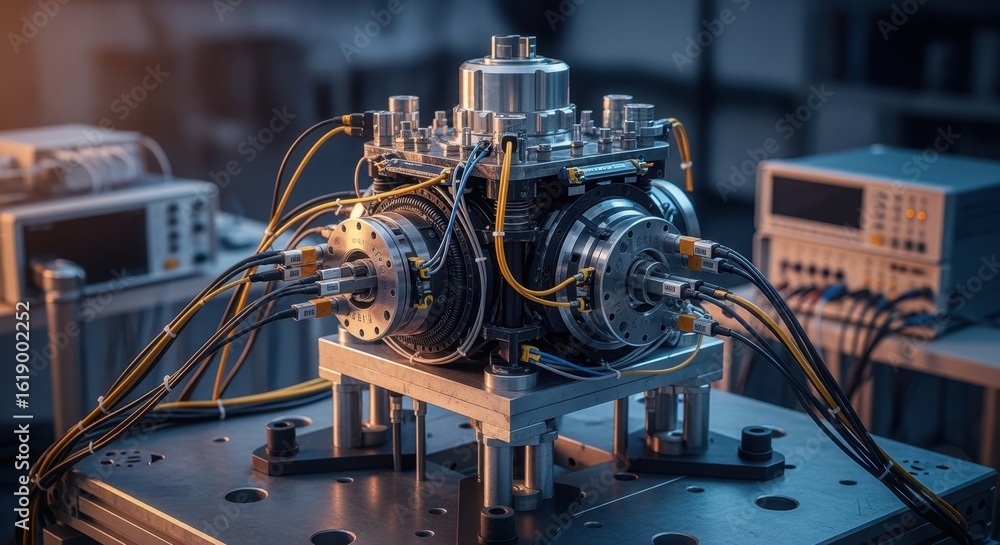 Poster isolated evtol rotorhub installed on a staticload test frame surrounded by cables and instrumentatio