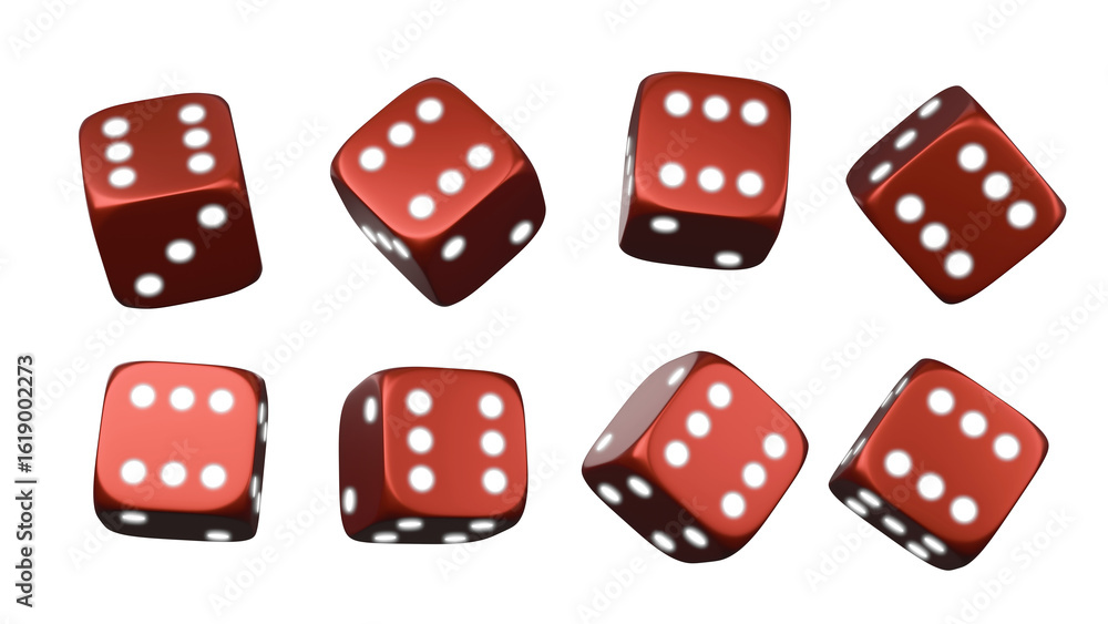 Poster red dice set on isolated background. random rolling dice cubes. glossy roll cubes for gamble games. 