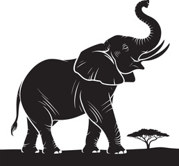 Silhouette Elephant with Trunk Up in African Savanna Vector Illustration Wildlife