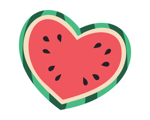 Half of Watermelon in shape of Heart. Piece of fresh summer striped Fruit with Seeds, juicy Pulp. Healthy eating with Love, vitamins. Isolated. Flat simple design. Doodle. Color vector illustration