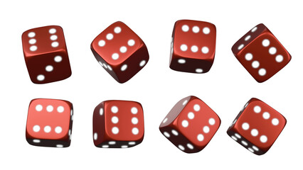 Red dice set on isolated background. Random rolling dice cubes. Glossy roll cubes for gamble games. 3d rendering