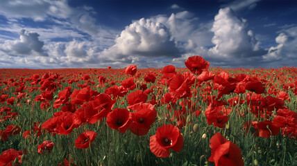 夏の広々としたポピー畑と積乱雲の風景