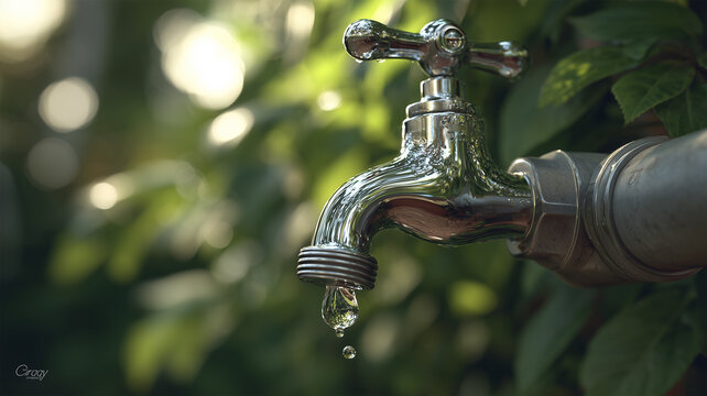 水道の研磨クロム蛇口から滴る水滴と緑の風景