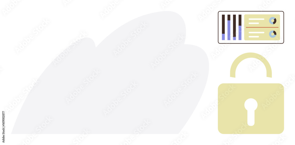 Poster cloud shape, lock icon, and data dashboard with graphs convey online security. ideal for technology,