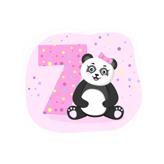 7 Birthday card with panda girl. Birthday invitation for girl 7 year. Baby shower banner with cute panda for baby banner, baby shower invitation, birthday card, social media, wallpaper, website. 